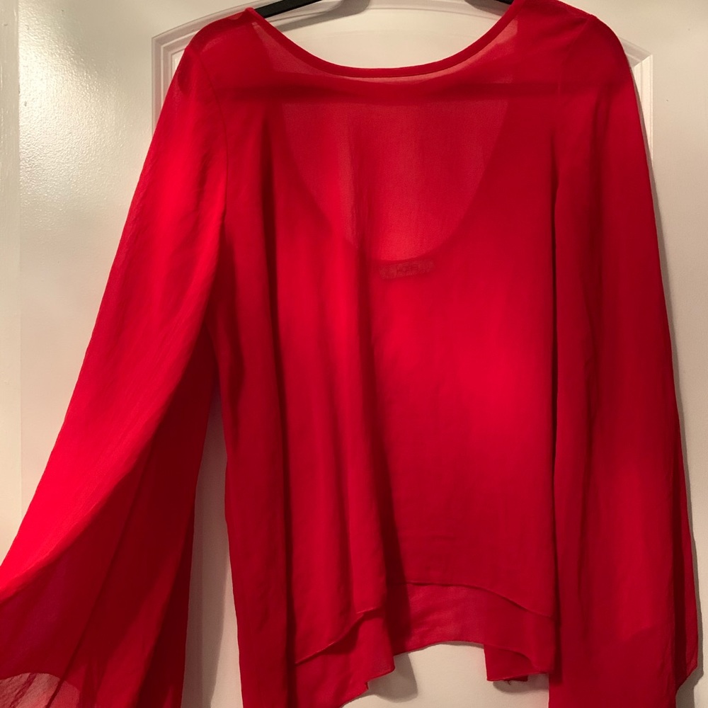 Red chiffon bell sleeve blouse